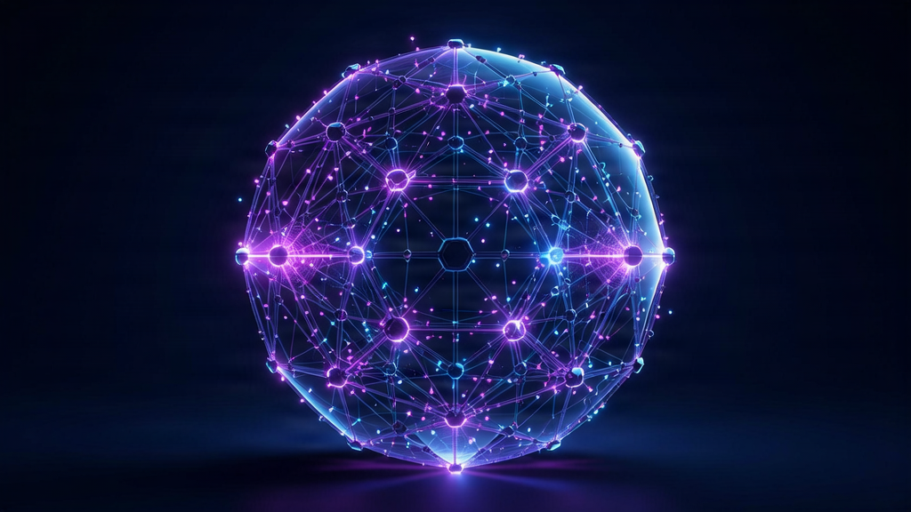 Futuristic 3D AI neural sphere with glowing violet and blue connections on a dark midnight navy background.